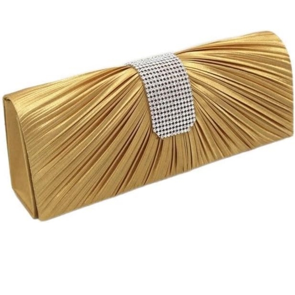 Shimmer Gold Mustard Satin Evening Clutch Bag Snap Closure Plaited Cocktail Casl - Picture 11 of 12